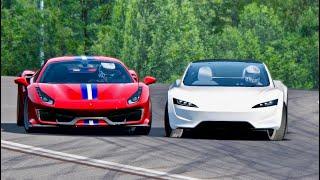 Tesla Roadster vs Ferrari 488 Pista - Spa