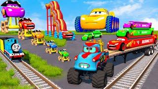 Flatbed Trailer Truck Rescue LONG CARS - Big & Small Mcqueen with Spinner Wheels vs Thomas Trains