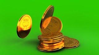 coins falling on to the ground realistic dynamics animation in green screen