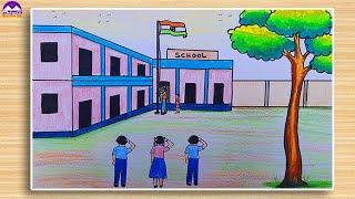 How to draw independence day Celebrations at school scenery