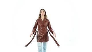 Giacca in pelle artigianale modello cappotto Dominique colore mogano da donna - Doppia Pelle