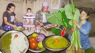 Taro Leaves Curry recipe making village style  Karkalo Gava Curry recipe with rice cooking & eating