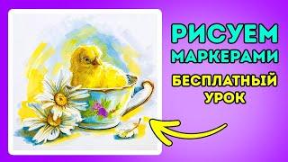 Рисуем МАРКЕРАМИ цыпленка в кружке и ромашки