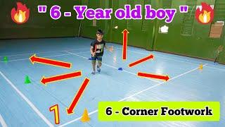 6 - Year Old Boy  6 Corner Footwork Training  Beginners Badminton Coaching  Kids  Basic