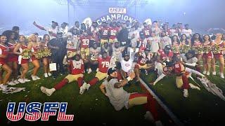 USFL Championship Trophy Ceremony Deon Cain & Alex McGough celebrate the Stallions B2B titles