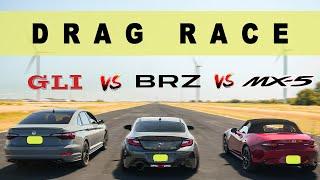 2022 Subaru BRZ vs Mazda MX-5 vs VW Jetta GLI under 40K car challenge. Drag and Roll Race.