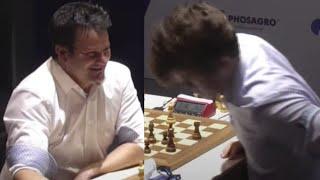 Magnus Carlsen is About to Stand Up But GM Bacrot Stops Him Cuz He Decides to Resign Then He Smiles