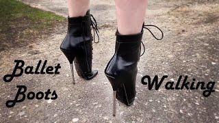 Vika trying to walk in 20cm Ballet High Heels Boots on the street Ballet Boots Outdoors # 1029