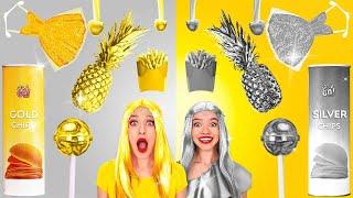 GOLD vs. SILVER FOOD  Eating One Color Food for 24 HRS Funny Recipes by 123 GO FOOD