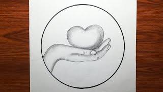Kolay karakalem el içinde kalp çizimi.  Avuç içinde basit kalp çizimi. hand drawing inside heart.