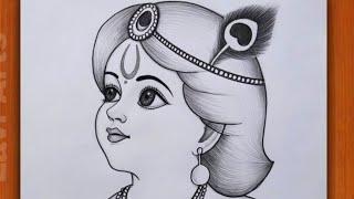 Littile Krishna Drawing Easy  How to draw Cute Krishna face Pencil Drawing  Janmashtami Drawing