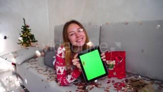 Young Girl Portrait Smile Show Point Green Screen Tablet Christmas Tree Bokeh Xmas Eve Lights New