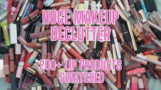 HUGE MAKEUP DECLUTTER 200+ Lip Products  Swatching & Organizing