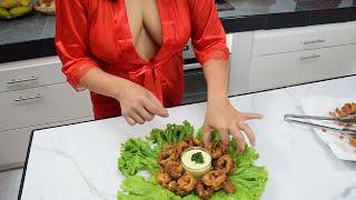 How to cook Crispy CALAMARI  with TARTAR SAUCE  Natural BRALESS Sexy Lingerie  Silk Gown 