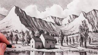 How to Draw a Landscape and a House Quick Pencil Sketch