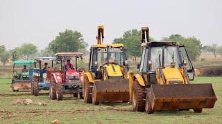 JCB 3dx Backhoe Fully Loading Mud in 4wd Mahindra Arjun NOVO and Swaraj 744 with John Deere Dozar