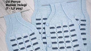 Örmesi Kolay Üç Parça Bebek Yeleği  knitting crochet baby sweater booties şal hırka örgü