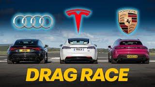 Tesla Model S Plaid TRACK PACKAGE vs Taycan Turbo S vs RS e-Tron GT DRAG RACE  4K