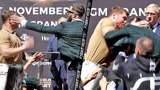FULL VIDEO - CANELO SWERVES CALEB PLANT SLAP LANDS PUNCH ON HIM AS BOTH ALMOST FIGHT AT FACE OFF
