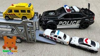 Car Carrier Takes Police Car Ambulance to a Playground Slide Lets Play Outside with Toy Cars