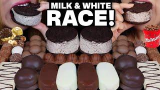 ASMR MILK & WHITE CHOCOLATE RACE Mini ice cream bars Maltesers Zebra chocolate marshmallows 먹방