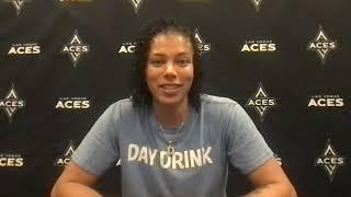 Las Vegas Aces forward Alysha Clark talks to the media after practice