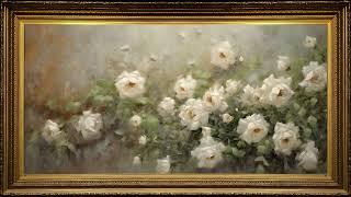 White Roses Garden Vintage Oil Painting  Framed Art Screensaver for TV