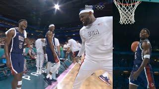 LeBron James having fun with Anthony Edwards after windmill dunk vs Puerto Rico 