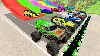 Cars vs Slide and Colors with Portal Trap - Monster Trucks vs Speed Bumps Fail   HT Gameplay Crash