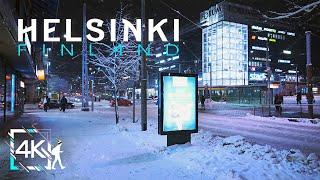 Central Helsinki Relaxing Night Walk in Snowy Winter Finland 4K