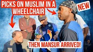He picks on a Muslim in a wheel chair Mansur Vs Christian  Speakers Corner  Hyde Park