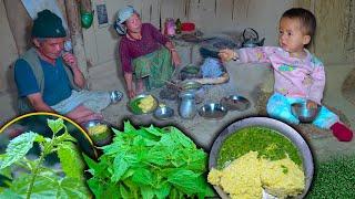 Organic Nettles curry with Corn Rice Thepla cooking & eating in Village kitchen  village video