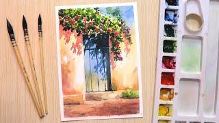 Watercolor painting for beginners beautiful flower tree and simple door