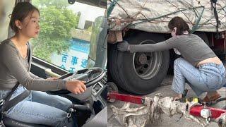 Broken Tire Problems. Beautiful Female Truck Driver Huishan