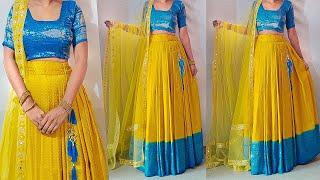 Convert Saree into Lehenga  Lehenga skirt cutting stitching  princess cut blouse cutting stitching