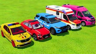 DACIA AUDI FORD VOLKSWAGEN POLICE VEHICLES & MERCEDES AMBULANCE CAR TRANSPORTING  FS22