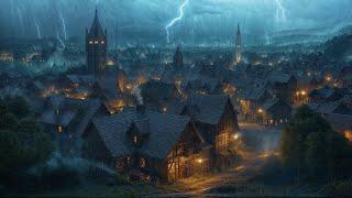Medieval City Night Ambience  Relaxing Heavy Rain & Thunderstorm Sounds Blacksmiths White Noise