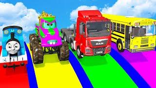 Double Flatbed vs Long Cars and Fat Cars with Slide Color Transportation - Cars vs Deep Water