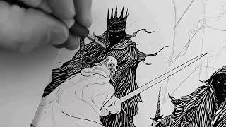 Inking Process on Lord of the Rings Drawing