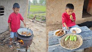 Delicious little chef make Khor fish traditional food  Rural life village