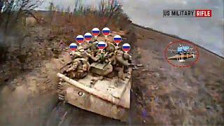 Horrible Ukrainian troops rain FPV drones blow up dozens Russian infantry tanks arrived in battle