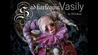 Handmade Textile  Polymer clay ooak doll  Sad harlequin Vasily  DIY tutorial