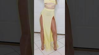 Yellow Skirt Set With Tan Pantyhose And Mules 