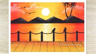 How to draw a Sunset scenery with oil pastel Sunset drawing