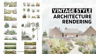 Vintage style architecture rendering and architecture collage