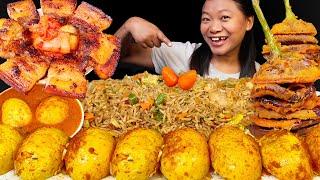 Eating Spicy Masala Egg Curry Grilled PorkBrinjal Pakauda & Fried Rice Nepali Mukbang Eating Show