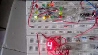 4-way traffic lights with seven-segment countdown timer constructed in breadboard