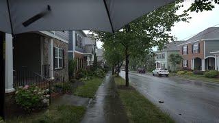 Relaxing American Neighborhood Walk in the Rain  Nature Sounds for Sleep and Study