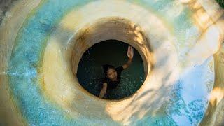 Girl Living Off Grid Build a Round Deep Hole Underground Swimming Pool entrance House