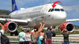 Airbus A320 VS Plane Spotters  JETBLAST & Waving Pilot at Skiathos Airport  Takeoff in 4K